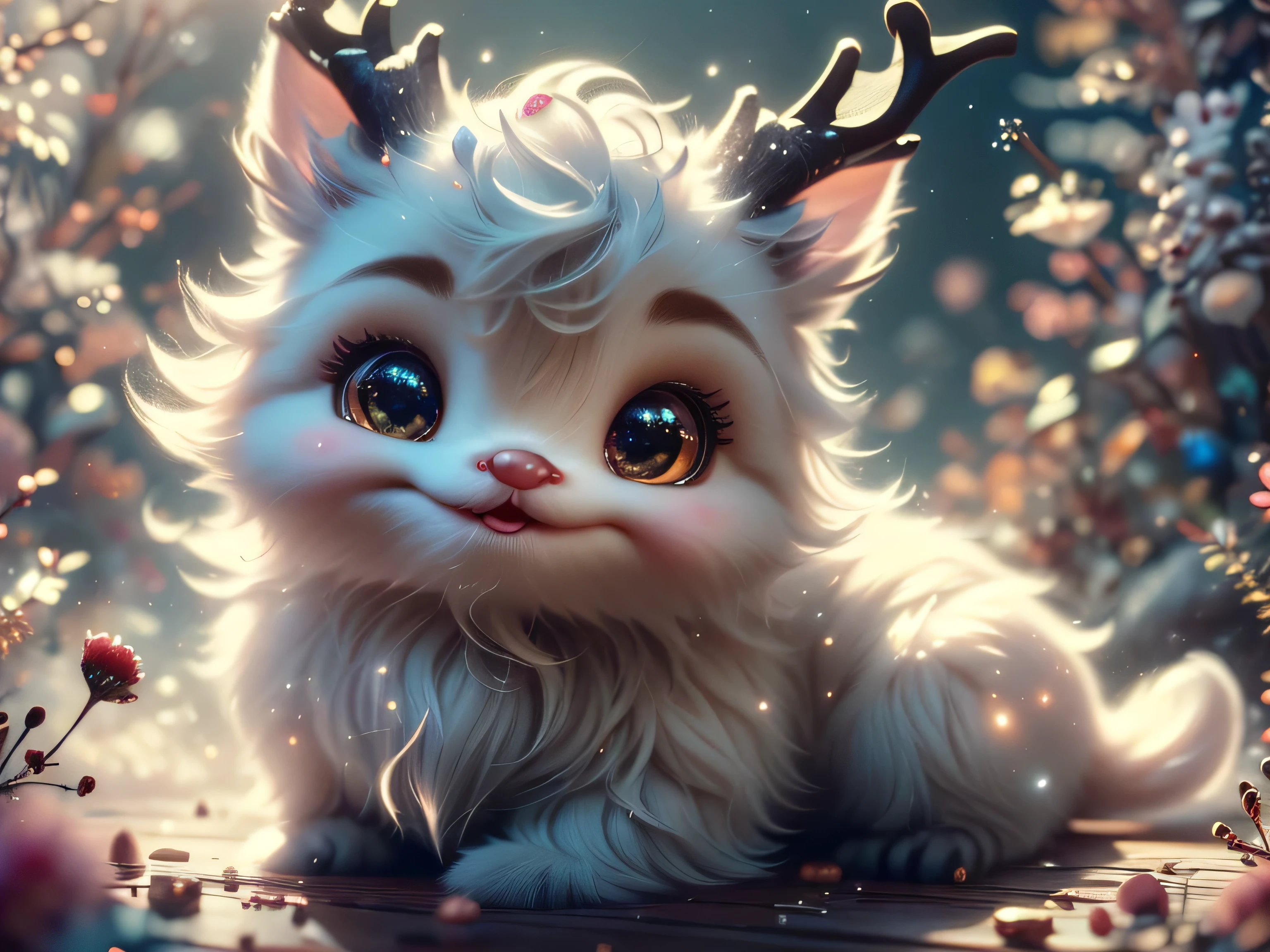 Magical Fantasy Creature, (Best Quality, Masterpiece, Representative Work, Official Art, Professional, Super Detailed, 8k:1.3), (Photorealism:1.2) Super Cute, Big Eyes, Soft, Soft Nose, Fluffy, Double-Toothed Smile, Aurorastyle, Highly detailed Dynamic shot of majestic adorable  reindeer, high quality, beautiful masterpiece, fantasy creature, kawaii, digital art, glowing sparkles, Realistic, Beautiful, Stars in Eyes, Soft Volumetric Light, (Backlight:1.3), (Cinematic:1.2), Intricate Details, (ArtStation:1.3), --auto --s2