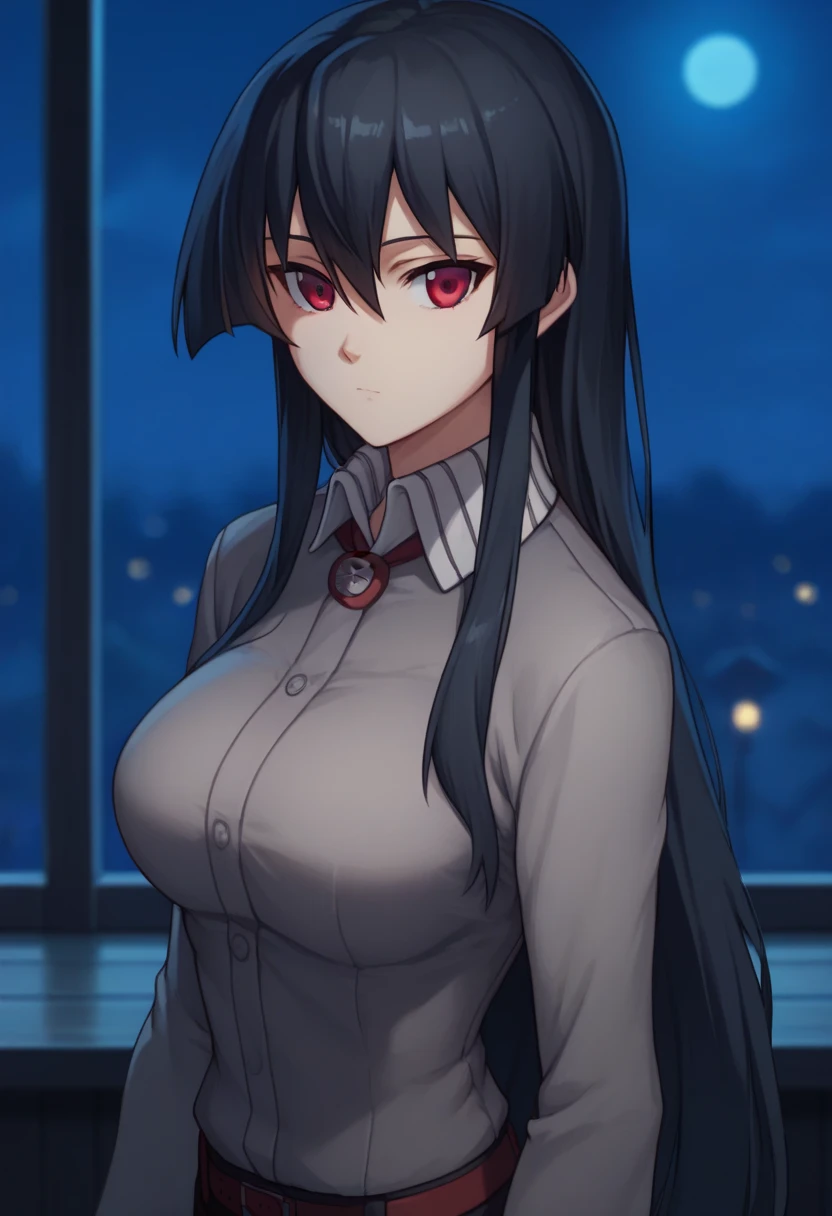 1girl,solo,akame, long hair, black hair, red eyes, hair between eyes,Grey uniform, Shirt, long sleeves , Pants,looking at viewer, (Upper_body),(Focus on her face),blurry background,(Night:1.7), Japan, Tokyo, CityView, Before Window,Standing at attention