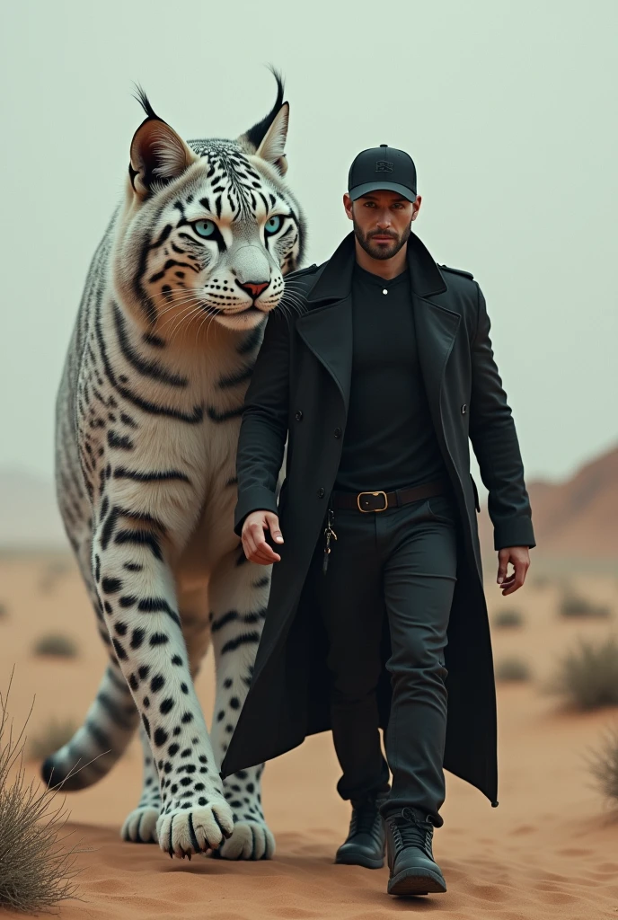 A handsome man with no shirt on, wearing black skinny pants, white fur, in the desert with a falcon and two leopards 