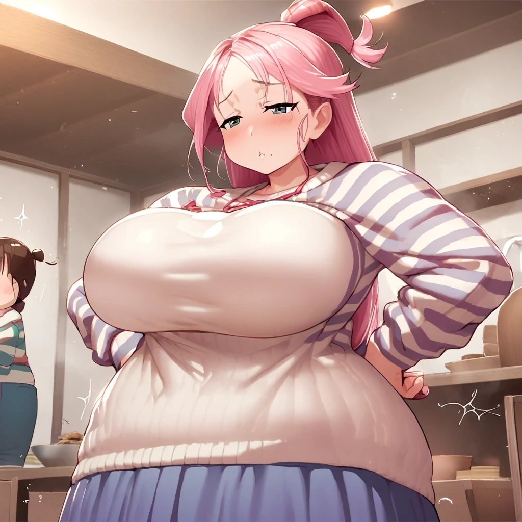 Anime, high detailed, 1 woman, Mature woman, big round breasts, chubby beauty, miss Pus-sized, Wearing a sweater, striped sweater, long skirt, enormous long hair, pink hair, Top ponytail (( tied on top, like a topknot)), exasperation expression, in a kitchen, hands on hips 