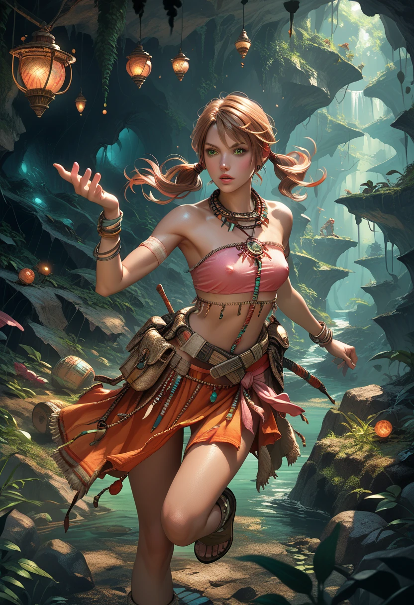 vanille, twintails, green eyes, tribal jewelry, necklace, bracelet, beads, pink tube top,  erect nipples, belt, sarong, clothes around waist, ((panties showing)), dynamic action poses, spell casting action, (cropped at knees), underground cave background