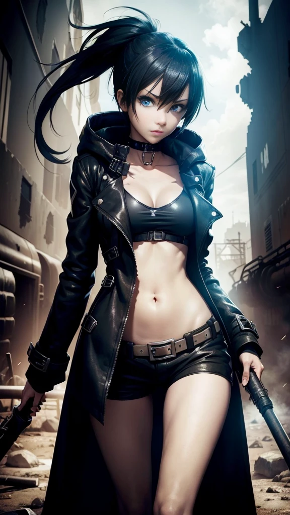 Black Rock Shooter, Trench Coat, Shirt, Blue Eyes, Hotpants, Fallout, 