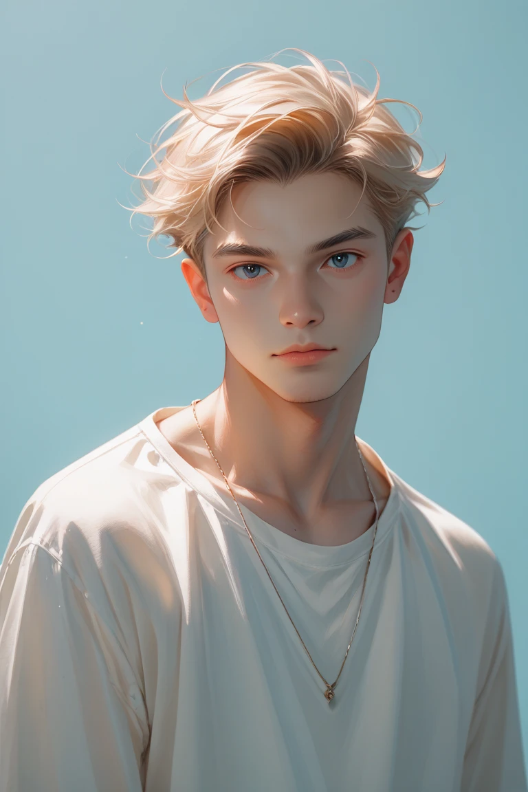 (best quality, masterpiece:1.3), 1boy, pose, particle, wind, flower, upper body, simple background, looking at viewer, focus on face, blonde, silver hair, light blue eyes, black robe, soft light,