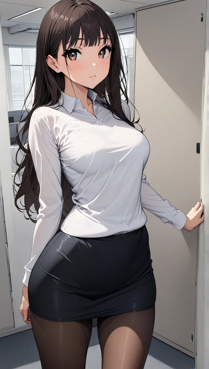 (super high quality,Ultra-high resolution,16K,super masterpiece,Ultra HD,Detailed shading),Full body photo,the sunlit entrance,A seductive mother,(popped collar White shirts,Bring the hem out,Tight collar,Long sleeve,BLACK Pencil Skirt),sexly,Black hair semi-short,Sweep your bangs to the side,Glasses,smile,Pearl Earrings,Pearl Necklace,Engagement Rings,slouch,He comes out with the door half open.,