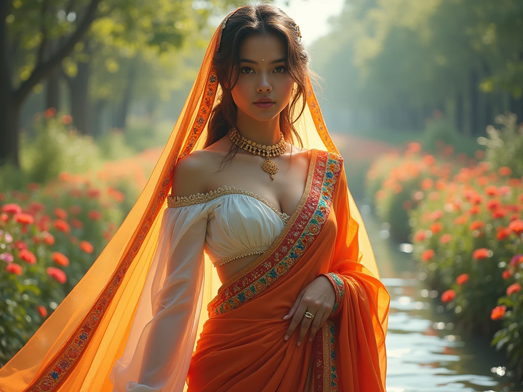 A girl in white saree red border pallu on head