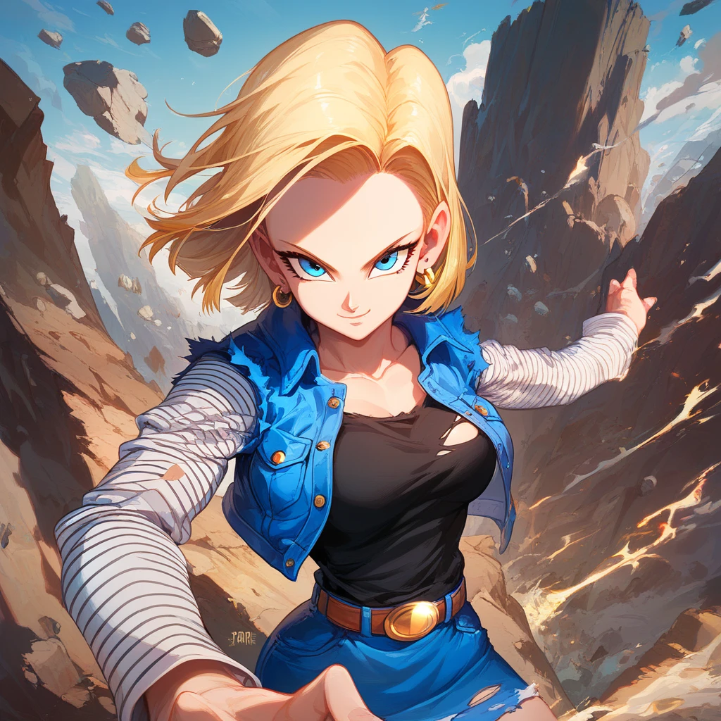 score_9, score_8_up, score_8, medium breasts, (curvy), cute, eyelashes,    zzAndroid18, blue eyes, blonde hair, short hair, jacket, denim, denim jacket, jewelry, earrings, long sleeves, shirt, skirt, belt, stripes,  smile, looking at viewer,   serious expression, dramatic sunset casting shadows, standing on a cliff overlooking a devastated battlefield, her iconic outfit slightly torn, glowing with suppressed energy, a moment of reflection before the next fight,  ,,, embedding:zPDXL, Expressiveh, 