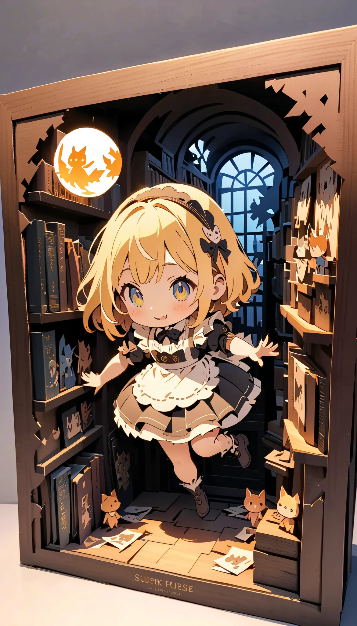 (  masterpiece  :1.2), ( top quality:1.2),  super high resolution,  very detailed,   PERFECT LIGHTING , Android girl jumping out of the box,  golden hair ,  maid outfit ,  supernatural fantasy, cute, pastel colors,  Paper Cut Art , flat paper cutouts , Paper Art,  digital art ,  anime style illustration  , Animated Illustration , white background , Paper cutting,  dark and feel-good macro photo of a bookshelf