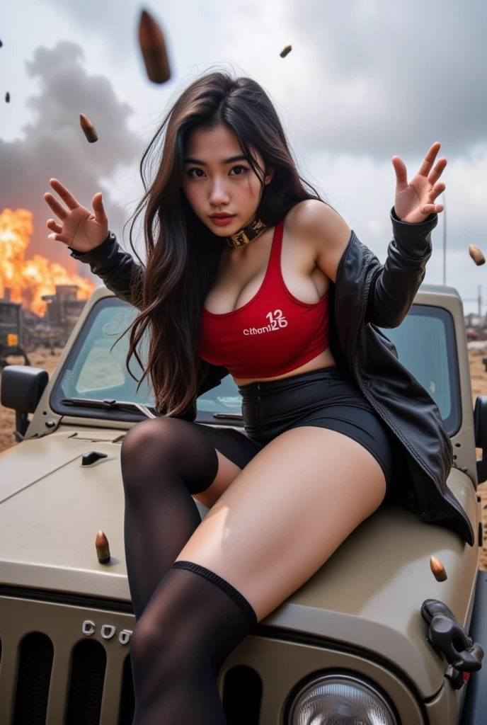  a photo of a beautiful taiwan woman with long random black hair,  wearing a red tank top inscribed  "cimoy_BLOOD25 "  with a black leather jacket , short jeans,  holding a rifle AKA 12 ,  action pose on top of a JEEP CAR ,  background there was a battle explosion .  simple .  Trying to attack towards the camera .  lots of Bullets flying in the air in front of the camera live .   excessive angry face ,  scifi action .  there were explosions and bullets .