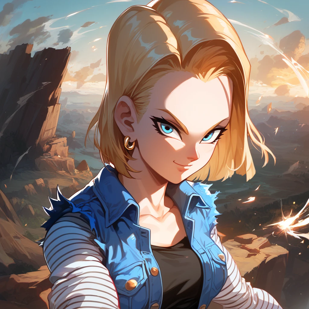 score_9, score_8_up, score_8, medium breasts, (curvy), cute, eyelashes,    zzAndroid18, blue eyes, blonde hair, short hair, jacket, denim, denim jacket, jewelry, earrings, long sleeves, shirt, skirt, belt, stripes,  smile, looking at viewer,   serious expression, dramatic sunset casting shadows, standing on a cliff overlooking a devastated battlefield, her iconic outfit slightly torn, glowing with suppressed energy, a moment of reflection before the next fight,  ,,, embedding:zPDXL, Expressiveh, 