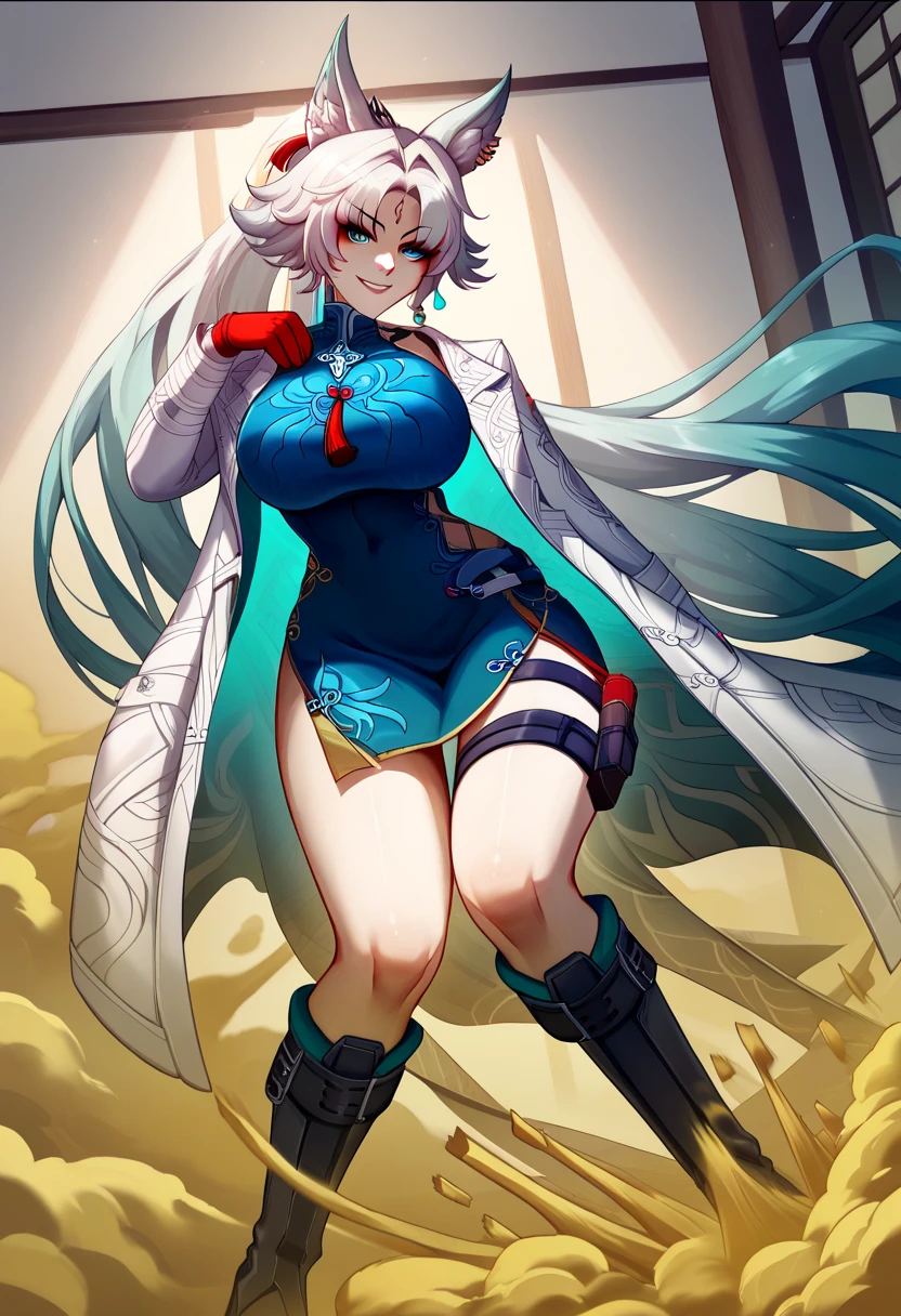 score_9, score_8_up, score_7_up, SH_HSR_Feixiao, Feixiao, 1girl, looking at viewer, red eyeliner, makeup, forehead mark, white hair, very long hair, gradient hair, blue hair tips, ponytail, aquamarine eyes, animal ears, white coat, open coat, long sleeves, belt, open clothes, huge breasts, dress, bangs, knee boots, thigh strap, parted bangs, black footwear, tassel, blue dress, tassel earrings, blue shirt, gloves, red fingers, chinese clothes, dojo, provocatively lewd pose, curvy body, wide hips, romance, expressive, firm butt, fit girl, sexual girl, seductive, perky , smirking, lewd pose, action angle, beautiful aesthetic, perspective, (nsfw:1.1), expressiveH, fighting pose with a dual swords,((velocIty)),Yellow smoke,Attacked by farts, ((girl stand)),velocIty,(Yellow smoke Is rIsIng) gIrl smells a fart and smIled frowned)),((fart whIle traInIng)),((blushIng)),(masterpIece:1.2、top-qualIty)