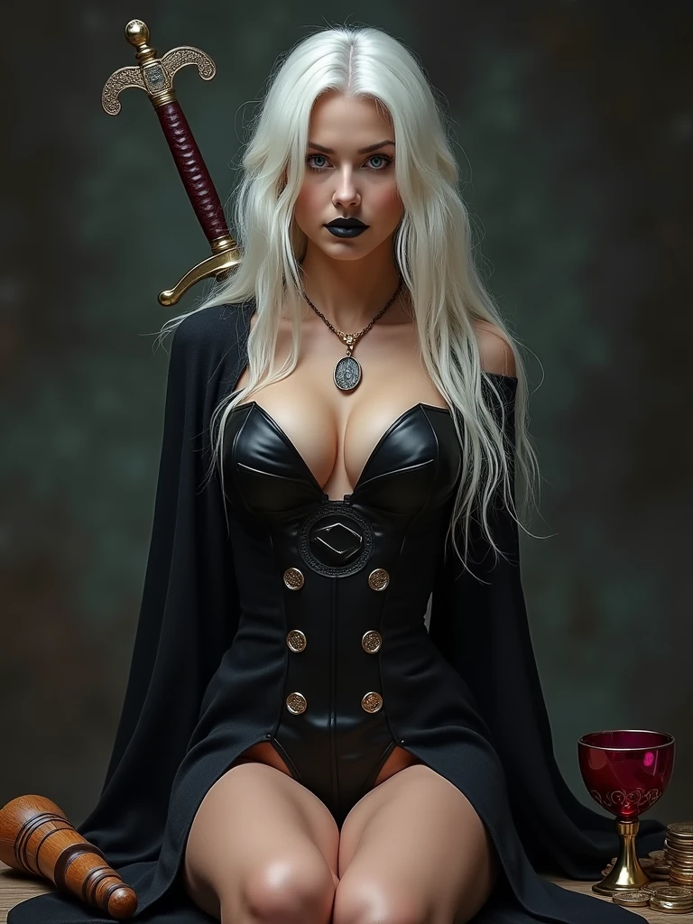 beautiful girl, 26 years old, blonde, red lips, big breast, red-black gothic leather cloth, (in forest), (cloudy day, fog), (dark atmosphere), evil atmosphere, (detailed background:1.5), (intricate environment details), (hyperdetailed), (detailed skin and hair texture)+++, (ultra realism), (8K UHD), (ultra quality), (dslr)