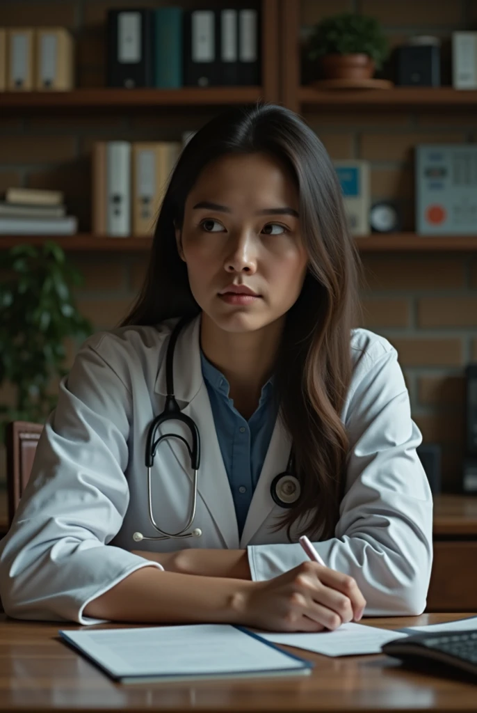 (Best quality, 8k, 32k, masterpiece, UHD: 1.2), photo of the beautiful brunette woman, somewhat indigenous, medica, medium breasts, long black hair, upper body, focus from the front, oversized_sweater, brown eyes, simple background, from above, looking at the viewer, with medicine books around and with stethoscope around his neck, around him a wooden table with several medicine books on it. --auto --s2