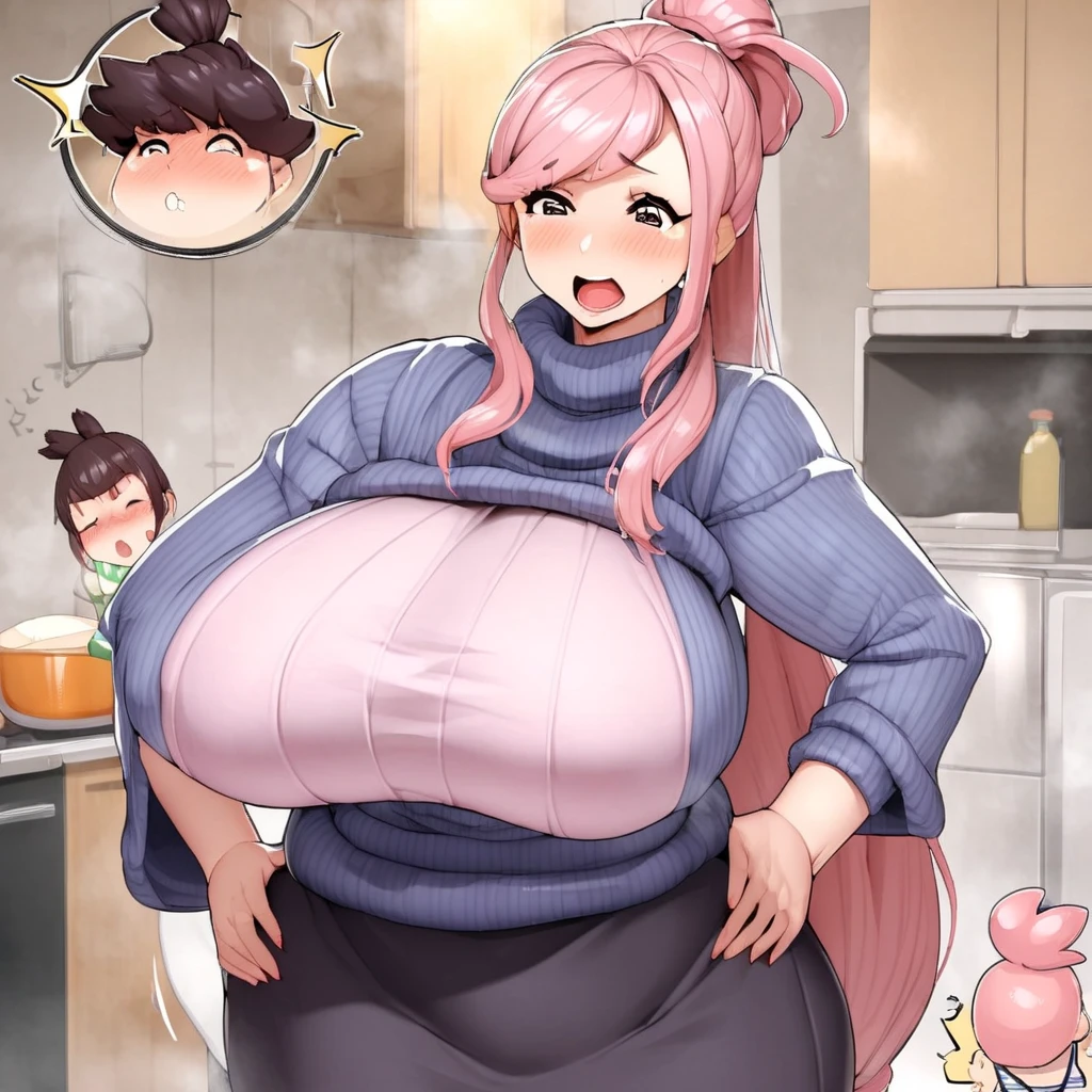 Anime, high detailed, 1 woman, Mature woman, big round breasts, chubby beauty, miss Pus-sized, Wearing a sweater, striped sweater, long skirt, enormous long hair, pink hair, Top ponytail (( tied on top, like a topknot)), exasperation expression, in a kitchen, hands on hips 