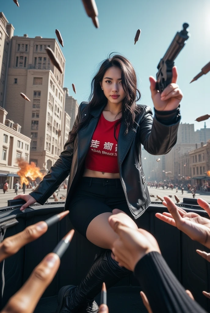  a photo of a beautiful taiwan woman with long random black hair,  wearing a red tank top inscribed  "cimoy_BLOOD25 "  with a black leather jacket , short jeans,  holding a rifle AKA 12 ,  action pose on top of a JEEP CAR ,  background there was a battle explosion .  simple .  Trying to attack towards the camera .  lots of Bullets flying in the air in front of the camera live .   excessive angry face ,  scifi action .  there were explosions and bullets .