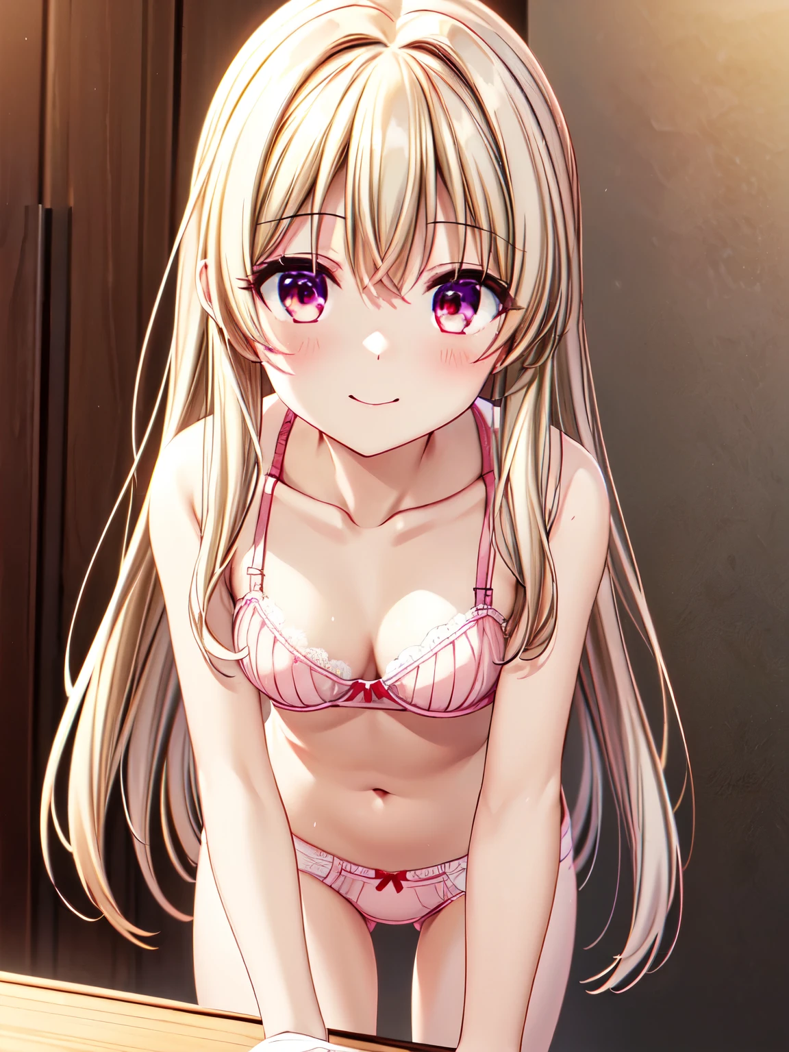  top quality、(masterpiece:1.2)、 Details、 one girl、solo、 Illyasviel、Standing、 selfie 、 closed mouth、smile、blush、Beautiful golden hair、 Long Attractive Hair、 charming eyes、smile、 small breasts、 small tits、beautiful beautiful red eyes、(白色のunderwear、 ピンクのunderwear:1.5)、(白色のunderwear、  bra、underwear),非常に DetailsなCG、(Perfect hands、 perfect anatomy)、 smiles、( lean forward :1.2)