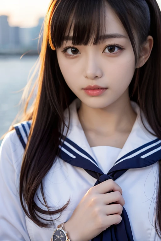 sailor suit, one woman, (a beauty woman, delicate :1.3), black hair, semi straight hair, Bangs Patsun, 8K, highest quality, masterpiece, Super detailed, ultra high resolution, realistic, RAW photo, absolute resolution, small face compared to body (4:1), very small face (4:1), The face is balanced, black hair, navy blue sailor uniform, Dark blue skirt, High school girl in sailor suit, realistic女子高生, (((white headband))), small breasts, tall, slanted eyes, light blue eyes, (In front of the school gate), (black stockings), open your mouth, smile, stand, raise your right hand up,
