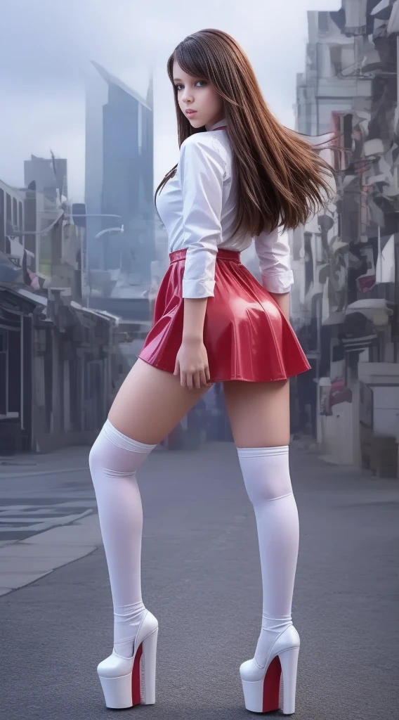 8k, Masterpiece, raw photo, Best Quality, photorealistic, Extremely detailed CG unity 8k wallpaper, full body , fitted figure , cute teen beautiful schoogirl, beautiful cute teen face with big lips , High Waisted red leather skater pinafore dress, blouse short puffy sleeves , High Waisted red leather skater dress, red pioneer neckerchief , brunette long hair, Beautiful eyes. white stockings, thick platform shoes, a girl stands against the backdrop of a futuristic city, panorama of a futuristic city, flying vehicles in the sky, green leaves on the trees, photorealistic, Full body, focused ass, (Full body shot