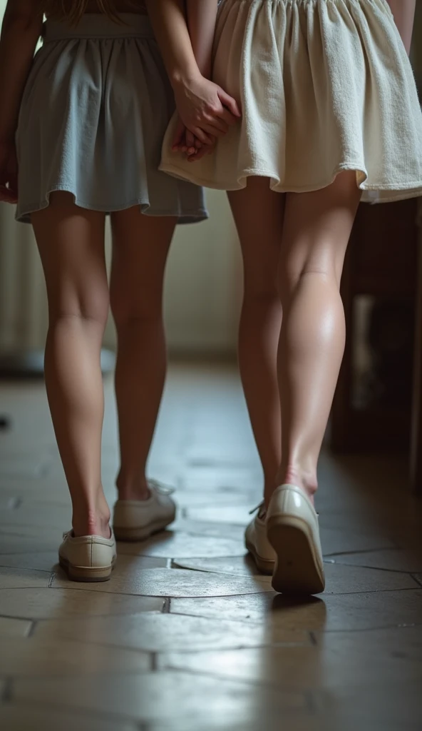  with one hand in front of the hand, a girl's hand ， holding hands in the uppermost part of the picture ， The camera shows them walking forward on their backs from the bottom， shooting the floor and shoes 、Picture of a pleated skirt 