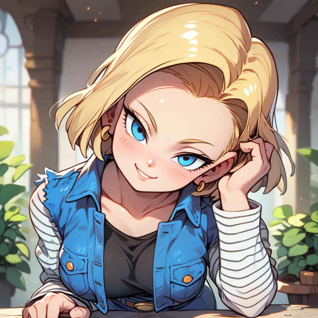 score_9, score_8_up, score_8, medium breasts, (curvy), cute, eyelashes,      ,,,  zzAndroid18, blue eyes, blonde hair, short hair, jacket, denim, denim jacket, jewelry, earrings, long sleeves, shirt, skirt, belt, stripes, 
(leaning forward, head tilt), blush, smug, horny, 
(adjusting hair), 
Upper body, 
BREAK, smile, looking at viewer, blush, blurry background, shiny skin, 
zPDXL, Expressiveh,