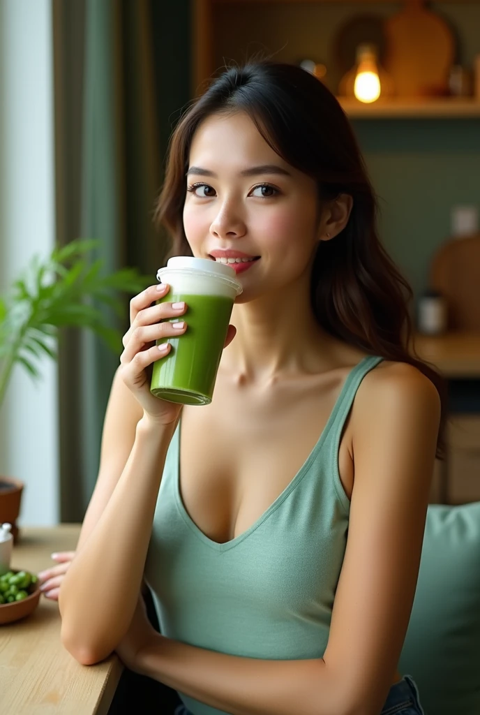 A girl with short hair drinking a clear green soda、Turn the glass into a wine glass、looking at the camera、Drinking and looking up、Give me a clear green soda、Give me something to drink