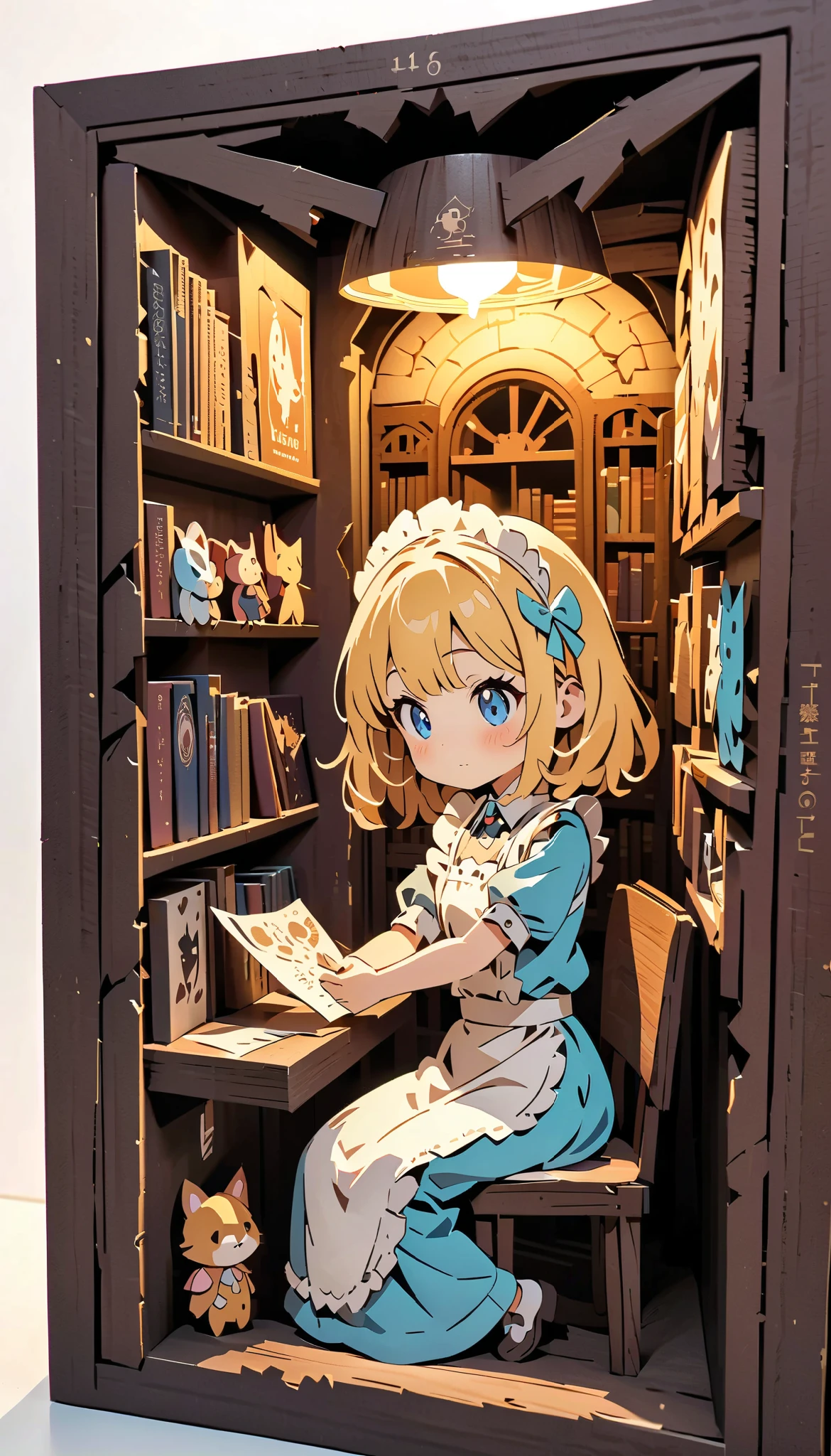 (  masterpiece  :1.2), ( top quality:1.2),  super high resolution,  very detailed,   PERFECT LIGHTING , Android girl jumping from a box,  sit on a chair,  golden hair ,  maid outfit ,  supernatural fantasy, cute, pastel colors,  Paper Cut Art , flat paper cutouts , Paper Art,  digital art ,  anime style illustration  , Animated Illustration , white background , Paper cutting,  dark and feel-good macro photo of a bookshelf