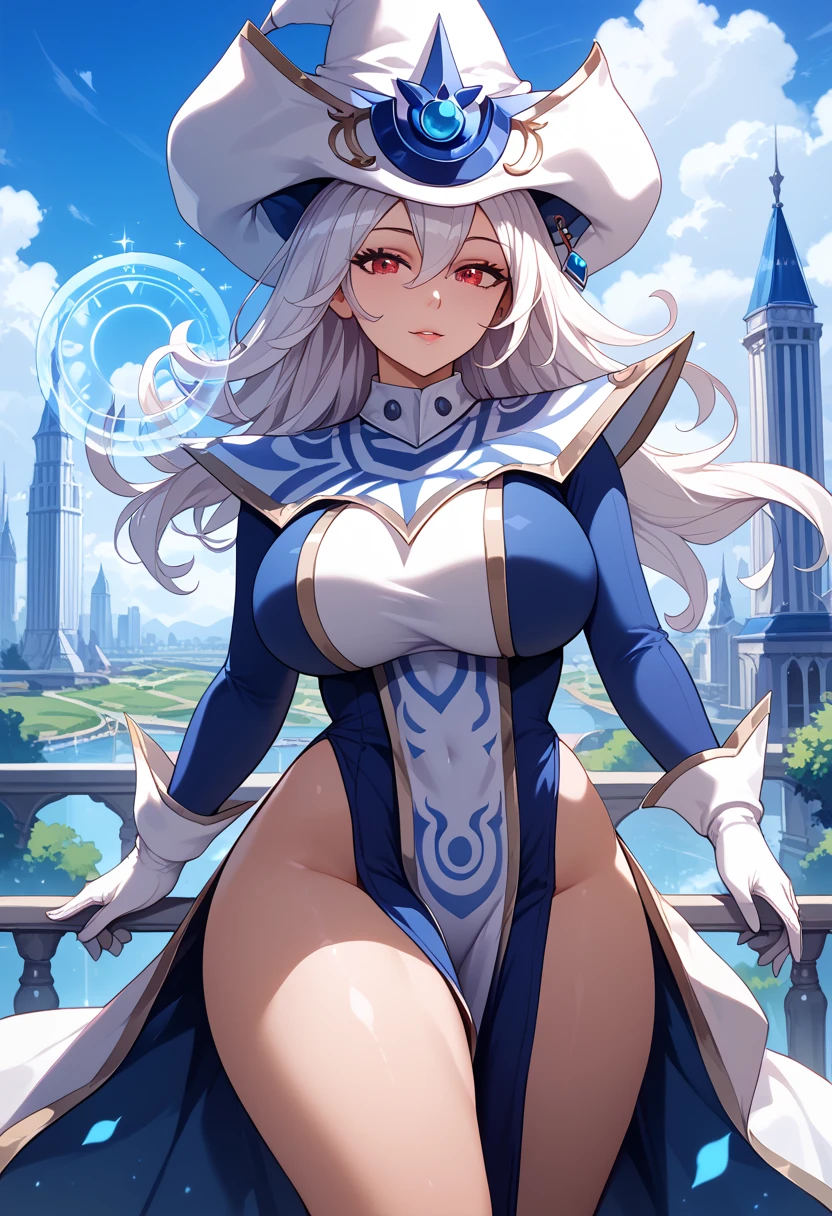 Perfect CG unity 8K UHD wallpaper, Perfect CG unity 8K UHD wallpaper, silentmagician, white hair, red eyes
wizard hat, blue dress, hip vent, long sleeves, white gloves, tabard, pelvic curtain,
outdoors, magic cityscape,
looking at viewer, cowboy shot, huge breasts, wide hips, thick thighs, thigh gap, bare legs