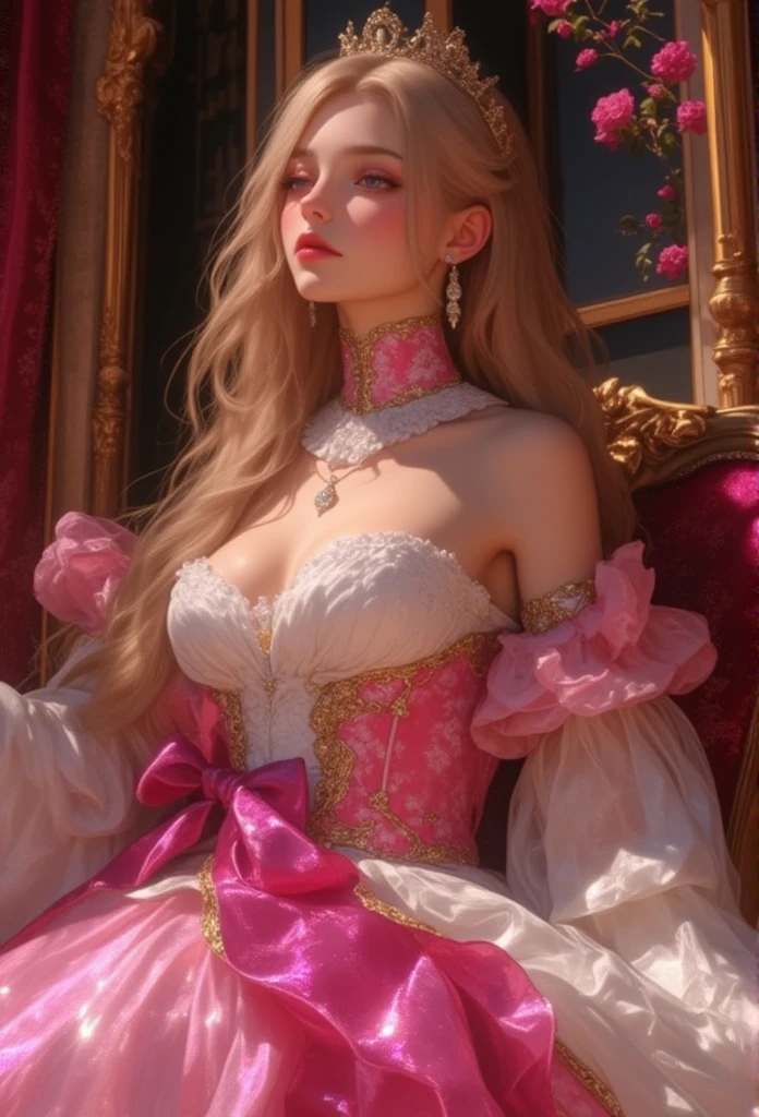 (( Plateau Peace  )),  Marie Antoinette  ,  Super detailed face ,fine grain,   entrance to the castle's basement slightly,( blonde alone ),  long hair,  wave hair, (((sheer silk dress:1.3))),Rococo Ruffle Dress, ((( Sexy Dress :1.3))),  dress for lying on a wooden boat has a long skirt ,  Baroque Dress  ,   intricate fantasy dress  , Beautiful ruffle dress ,   romantic dress,   Frill Costume  ,lottery, Data Style, Formal Wear, Fancy Fashion, palate colors include   pink and white,(  pink:1.5),Class A Smile,Gold Tiara,   Necklaces  , sit in a luxurious chair,Hands on knees,(  rainbow light  :1.4),,  the side face of a person looking out of the window  ,  a rosebush is reflected in the window   ,(Inside Victoria Palace)、Her eyes are shining、 now her blonde alone's hair extends to her waist 、Rose-colored gradation and three, 薄い  pinkのロック. 彼女は花柄の装飾が施されたGold Tiaraを着用し、  Matching earrings    , white flower choker. 彼女は金色のボタンで縁取られたフリル付きの白いストライプの  pinkのトップを着ている, The white sleeves are in the shape of a bud  ..   with a magenta ribbon flowing out of her chest  ..、 At the back of her neck  、Matching chest piece, Decorated with flowers.  her frilly skirt is separated by a white line ,  Fastened with a large magenta ribbon 、Decorated with gold,   There is a small ribbon on the back  . Her mini skirt、薄い  pinkのマゼンタの貝殻状の裏地と白い花のペチコートでできている. 彼女は  pinkの花がついた白い手袋も着用している, 白と薄い  pinkの靴には、ゆるいカフとDecorated with flowersたマゼンタのリボンがある