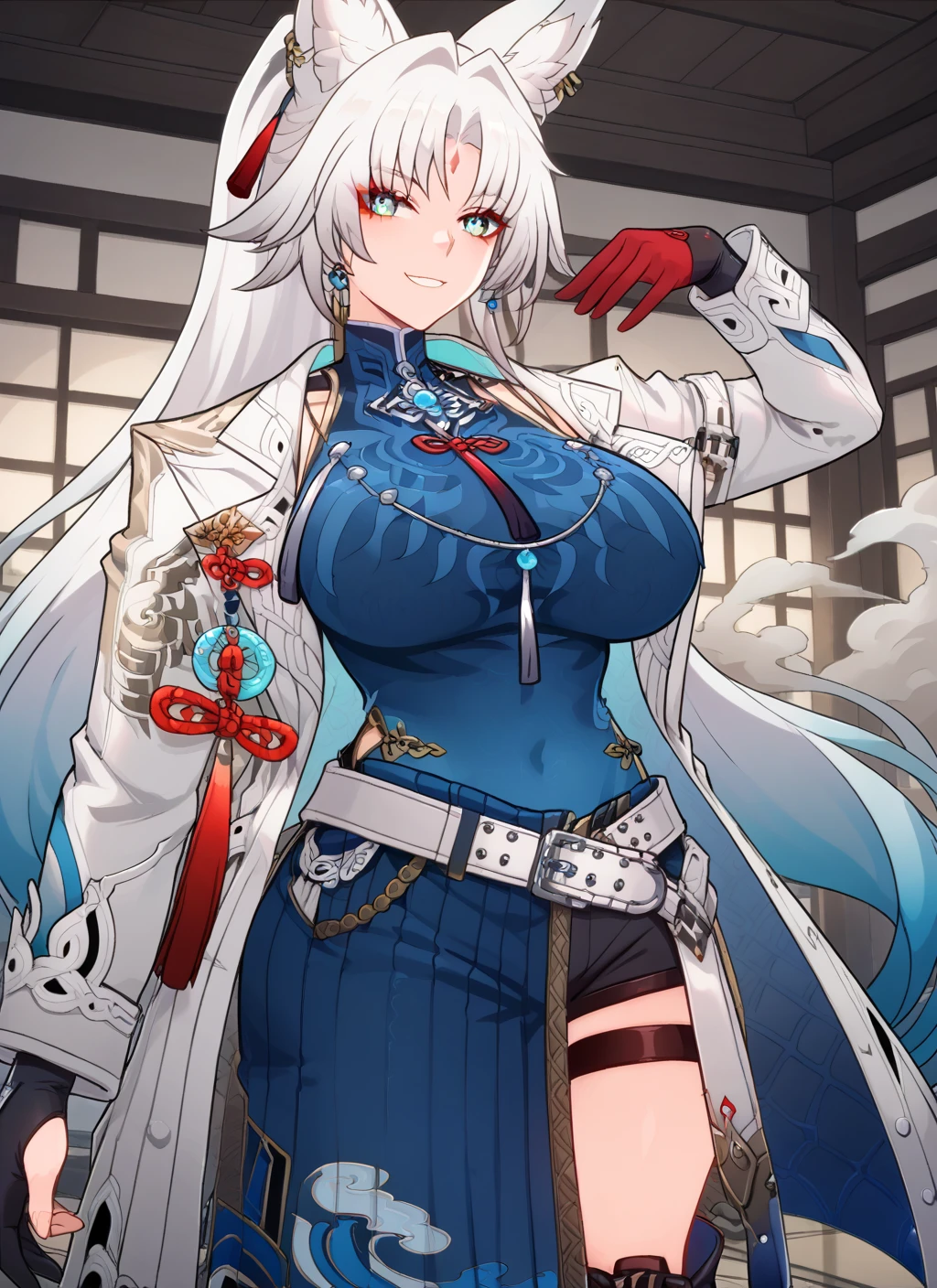 score_9, score_8_up, score_7_up, SH_HSR_Feixiao, Feixiao, 1girl, looking at viewer, red eyeliner, makeup, forehead mark, white hair, very long hair, gradient hair, blue hair tips, ponytail, aquamarine eyes, animal ears, white coat, open coat, long sleeves, belt, open clothes, huge breasts, dress, bangs, knee boots, thigh strap, parted bangs, black footwear, tassel, blue dress, tassel earrings, blue shirt, gloves, red fingers, chinese clothes, dojo, provocatively lewd pose, curvy body, wide hips, romance, expressive, firm butt, fit girl, sexual girl, seductive, perky , smirking, lewd pose, action angle, beautiful aesthetic, perspective, (nsfw:1.1), expressiveH, fighting pose with a dual swords,((velocIty)),Yellow smoke,Attacked by farts, ((girl stand)),velocIty,(Yellow smoke Is rIsIng) gIrl smells a fart and smIled frowned)),((fart whIle traInIng)),((blushIng)),(masterpIece:1.2、top-qualIty)