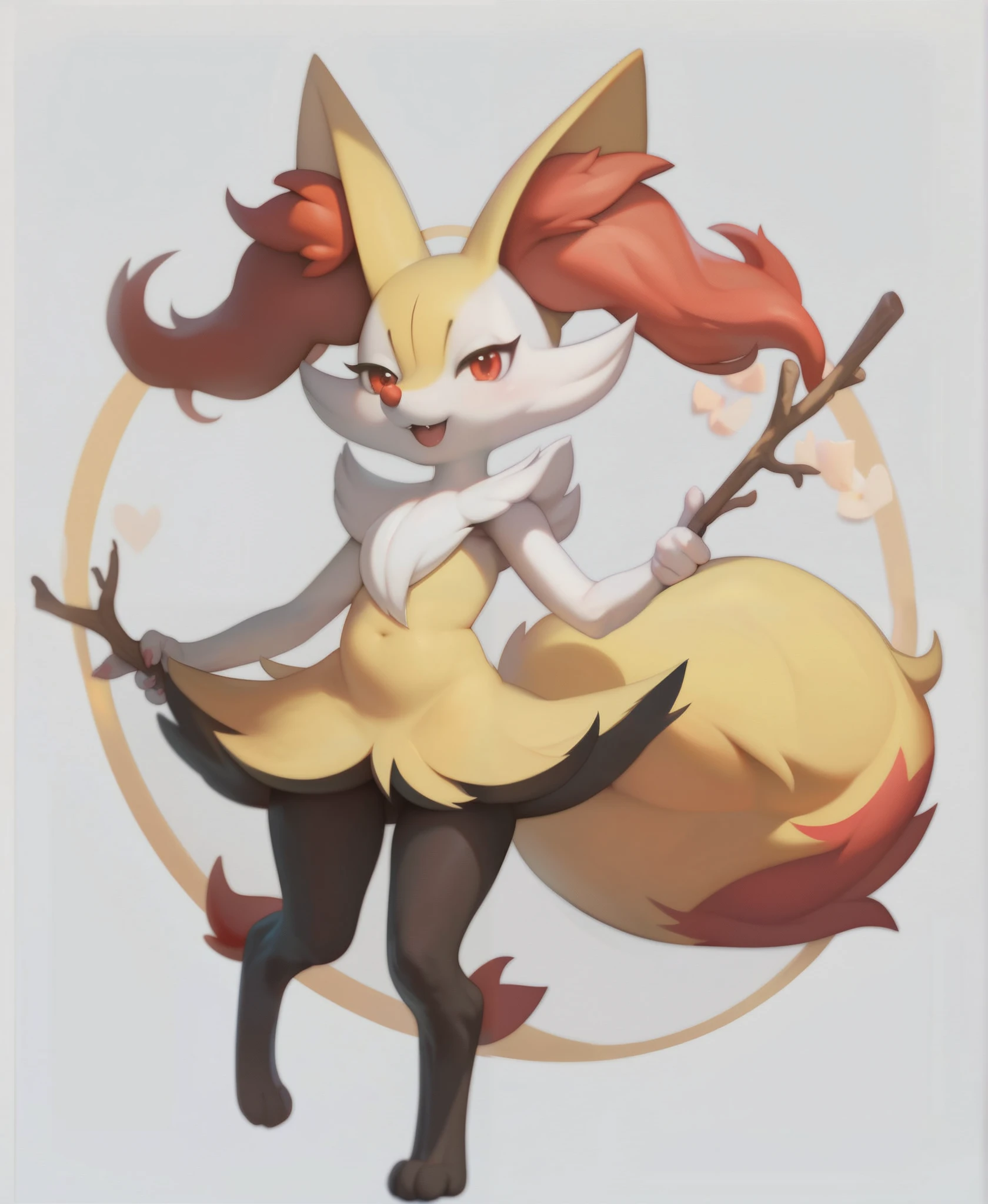 real e621, photorealistic, masterpiece, Braixen_(pokemon), looking at viewer, sharp red eyes, full body portrait, sweet smile, humanoid furry body, sexy, chubby thighs, thicc thighs, sexy pose, full body, sensual, female charm, smiling