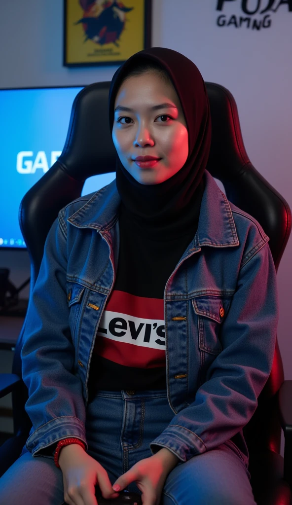 Indonesian young lady wear hijab with earphone blue sitting on blue gaming chair