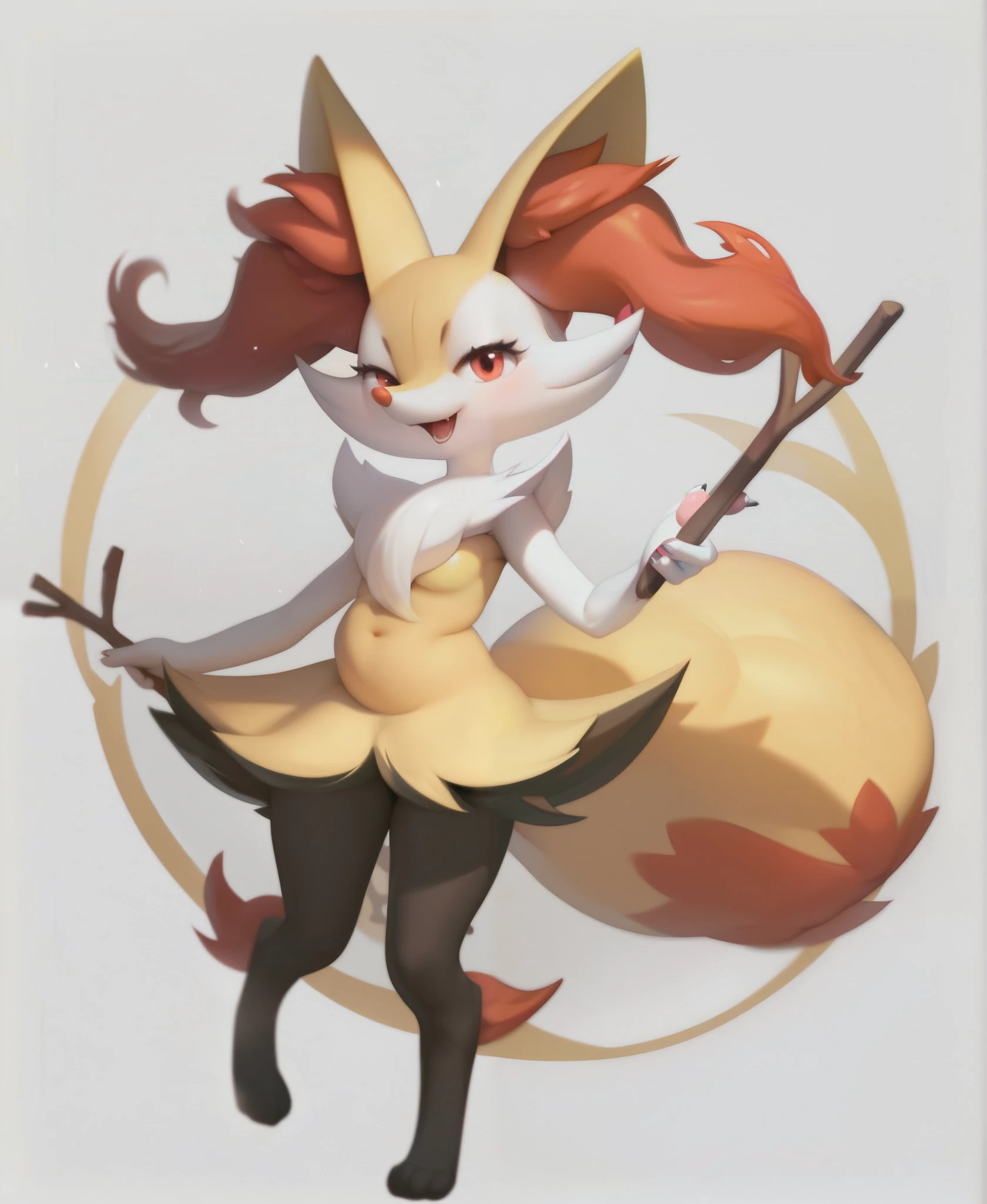 real e621, photorealistic, masterpiece, Braixen_(pokemon), looking at viewer, sharp red eyes, full body portrait, sweet smile, humanoid furry body, sexy, chubby thighs, thicc thighs, sexy pose, full body, sensual, female charm, smiling