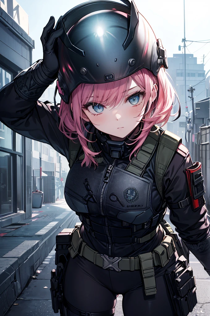 Metal Gear Solid Style, ( Details intricate full cover tactical helmet:1.3), ( pink hair), cowboy shot, dynamic poses , 1 girl in uniform, Alone, ray tracing, ( masterpiece ), ( top quality), ( Details), ( Details tactical gear:1.1), ( Bulletproof Vest :1.1), Combat Pants, gloves, ( complex background:1.1),