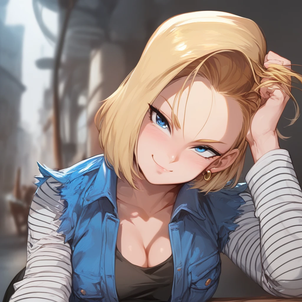 score_9, score_8_up, score_8, medium breasts, (curvy), cute, eyelashes,      ,,,  zzAndroid18, blue eyes, blonde hair, short hair, jacket, denim, denim jacket, jewelry, earrings, long sleeves, shirt, skirt, belt, stripes, 
(leaning forward, head tilt), blush, smug, horny, 
(adjusting hair), 
Upper body, 
BREAK, smile, looking at viewer, blush, blurry background, shiny skin, 
zPDXL, Expressiveh,