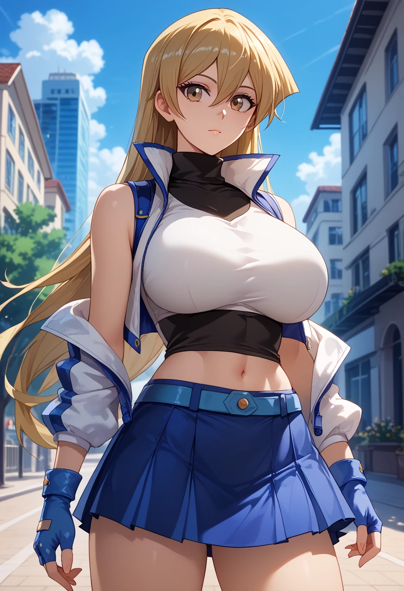 Perfect CG unity 8K UHD wallpaper, Perfect CG unity 8K UHD wallpaper, asuka tenjouin, blonde hair, brown eyes, hair between eyes, long hair, straight hair, very long hair, small waist, huge breasts, ((black turtleneck croptop)), white jacket, sleeveless, fingerless gloves, blue gloves, miniskirt, blue skirt, cowboy shot, standing, open jacket, navel, outdoors, schoolyard