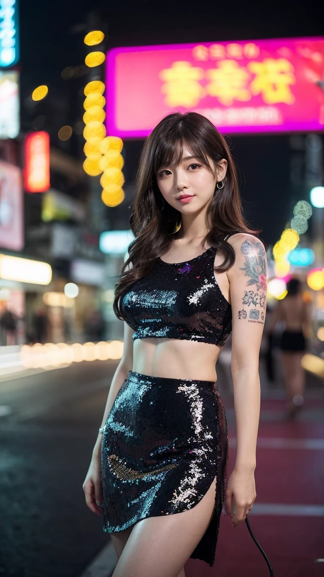 highest quality, 8k, 18 year old beautiful girl, Absurd, smile, smile, alone, night, neon, Idol'Face , Delicate girl, Full body photo、From below, Standing posture、Model Body Type、Digital SLR, View your audience, Sophisticated, Thin arms, Professional Lighting, Film Grain, chromatic aberration, (Eye and facial details:1.0), (Bokeh:1.1) 、red, 白とredのIdol衣装、Knee socks、Live Stage、sing、Grab the microphone, Dancing、大きなsmile、(White horizontal lace panties:1.1), (Skirt flip:1.2), (Lift up your shirt:1.2), Showing panties、(Showing off your bra:0.94), Embarrassed expression、 (The wind is blowing my skirt away:1.3), Dynamic Angle、Naughty wind