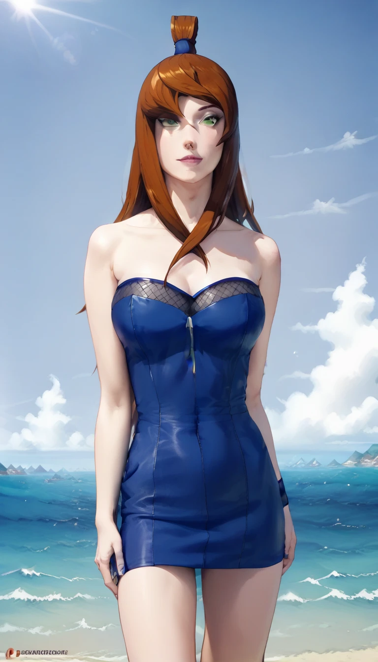 Mei terumi from Naruto. Description: auburn hair styled into a herringbone pattern at the back, a top-knot tied with a dark blue band, and with four bangs at the front. Mei is a tall, slender woman with fair skin. She has green eyes, and ankle-length, auburn hair styled into a herringbone pattern at the back, a top-knot tied with a dark blue band, and with four bangs at the front. Background beach