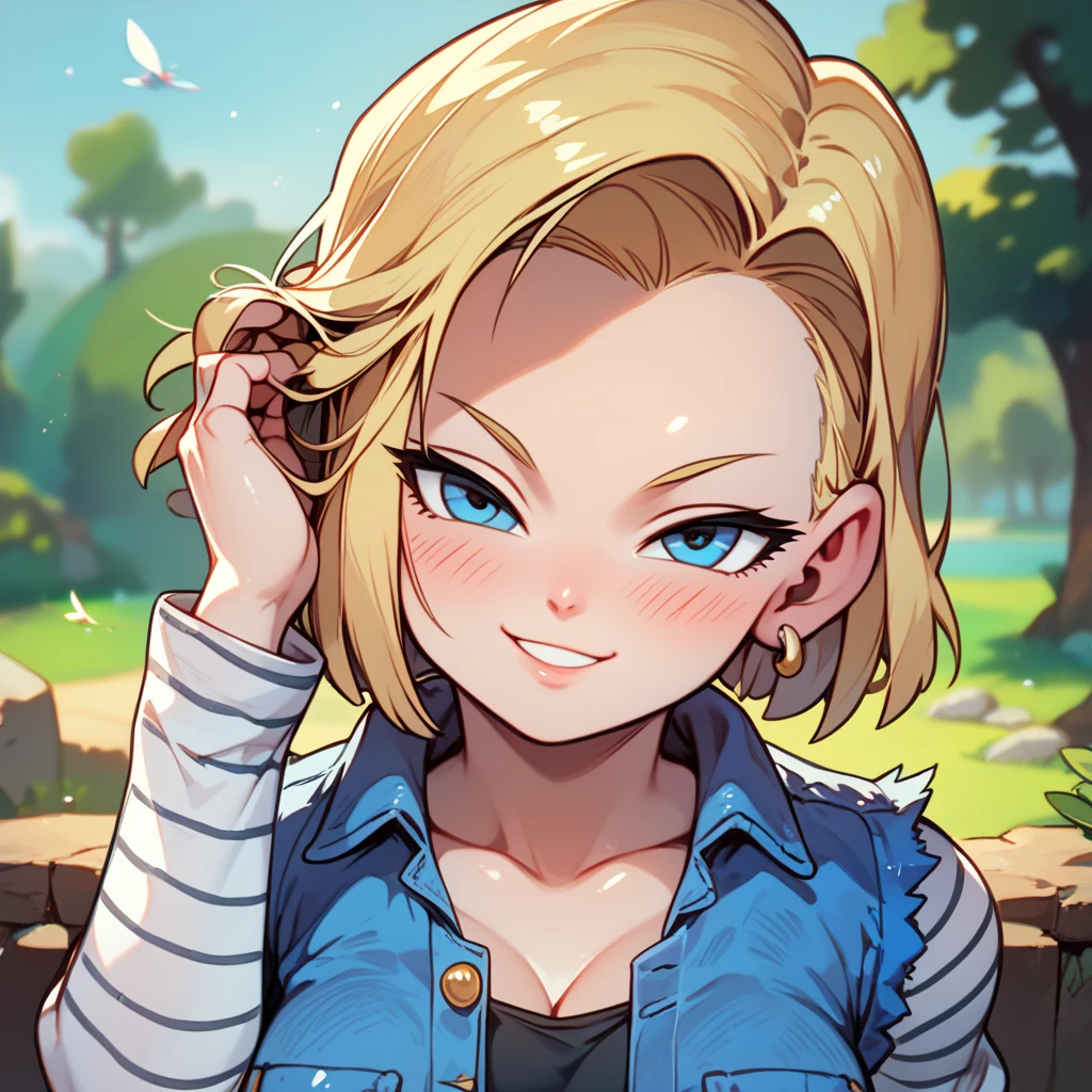 score_9, score_8_up, score_8, medium breasts, (curvy), cute, eyelashes,      ,,,  zzAndroid18, blue eyes, blonde hair, short hair, jacket, denim, denim jacket, jewelry, earrings, long sleeves, shirt, skirt, belt, stripes, 
(leaning forward, head tilt), blush, smug, horny, 
(adjusting hair), 
Upper body, 
BREAK, smile, looking at viewer, blush, blurry background, shiny skin, 
zPDXL, Expressiveh,