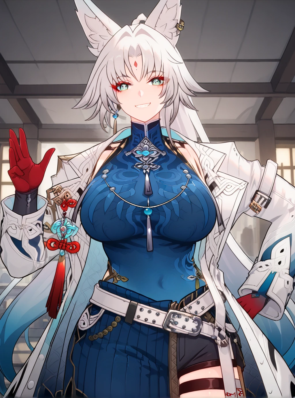 score_9, score_8_up, score_7_up, SH_HSR_Feixiao, Feixiao, 1girl, looking at viewer, red eyeliner, makeup, forehead mark, white hair, very long hair, gradient hair, blue hair tips, ponytail, aquamarine eyes, animal ears, white coat, open coat, long sleeves, belt, open clothes, huge breasts, dress, bangs, knee boots, thigh strap, parted bangs, black footwear, tassel, blue dress, tassel earrings, blue shirt, gloves, red fingers, chinese clothes, dojo, provocatively lewd pose, curvy body, wide hips, romance, expressive, firm butt, fit girl, sexual girl, seductive, perky , smirking, lewd pose, action angle, beautiful aesthetic, perspective, (nsfw:1.1), expressiveH, fighting pose with a dual swords,((velocIty)),Yellow smoke,Attacked by farts, ((girl stand)),velocIty,(Yellow smoke Is rIsIng) gIrl smells a fart and smIled frowned)),((fart whIle traInIng)),((blushIng)),(masterpIece:1.2、top-qualIty)