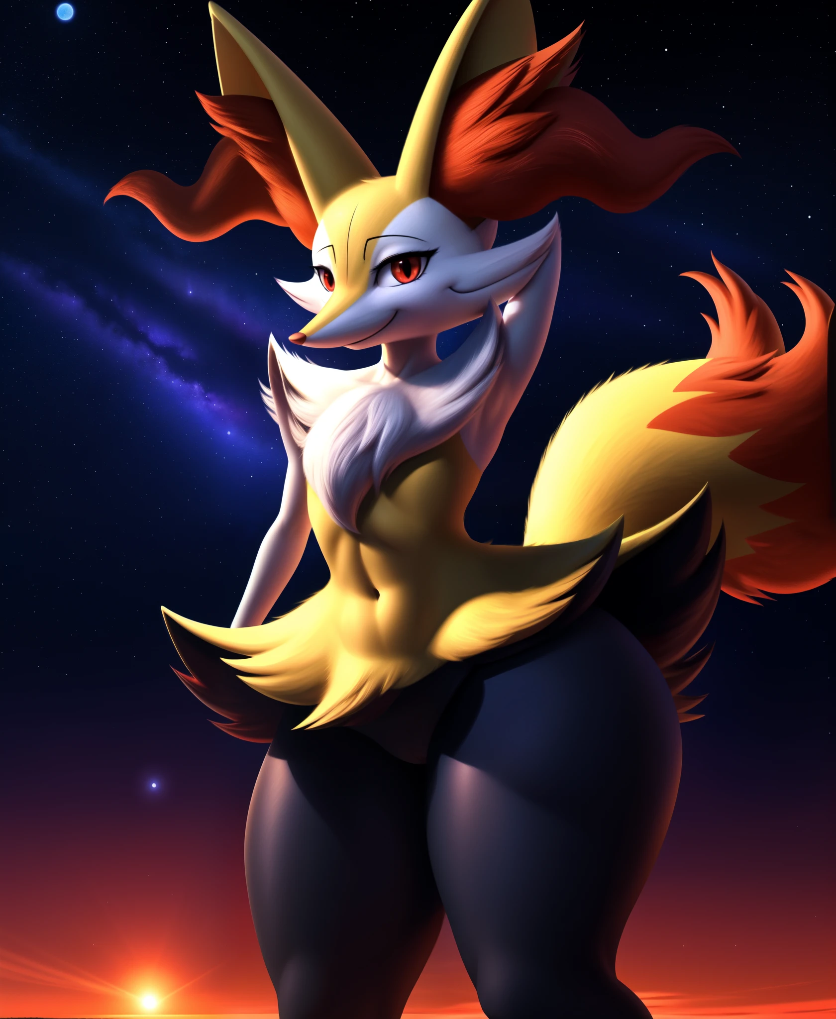 real e621, photorealistic, masterpiece, Braixen_(pokemon), looking at viewer, sharp red eyes, full body portrait, sweet smile, humanoid furry body, sexy, thicc thighs, sexy pose, full body, sensual, female charm, smiling, nigh sky, brilliant stars and cosmos, dark blu night sky