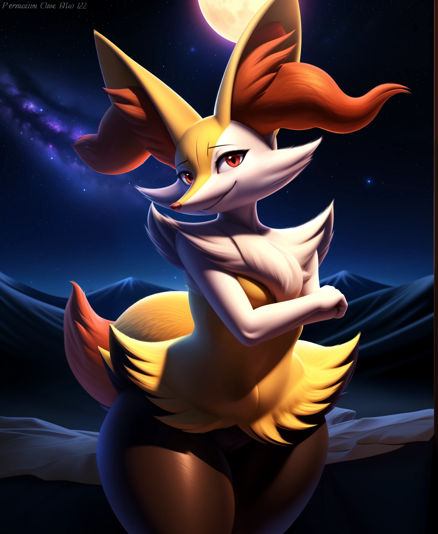 real e621, photorealistic, masterpiece, Braixen_(pokemon), looking at viewer, sharp red eyes, full body portrait, sweet smile, humanoid furry body, sexy, thicc thighs, sexy pose, full body, sensual, female charm, smiling, nigh sky, brilliant stars and cosmos, dark blu night sky