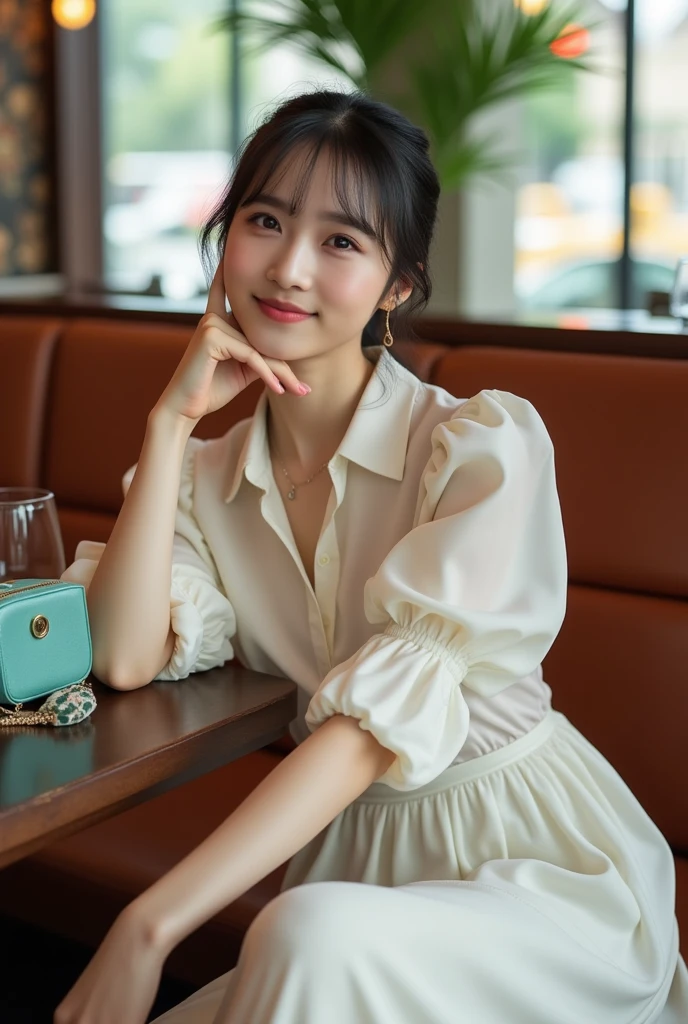 TA highly detailed, photorealistic image of a young East-Asian woman ,16years old,with bangs seated elegantly in a cozy, upscale café or restaurant. She is dressed in a refined, semi-sheer white blouse with puffed sleeves that add a soft, feminine charm to her appearance. The blouse is tucked into a high-waisted, flowy white skirt that reaches just below her knees, creating an airy, delicate look that exudes sophistication and understated elegance. Her attire reflects a classic, minimalistic style, with subtle textures and a focus on clean lines.

She rests her head lightly on one hand, looking thoughtfully toward the camera with a gentle smile and a relaxed, approachable expression. Her hair is neatly pulled back, with a few loose strands framing her face, adding to her natural and effortless beauty. Next to her on the leather bench seat is a small, elegant turquoise handbag with a patterned scarf draped over it, adding a splash of color and a hint of personality to the scene.

The background features a warm, inviting ambiance, with polished wooden furniture, glassware, and soft natural light streaming in from large windows, creating a cozy and refined atmosphere. The table in front of her is set with a few glasses and decorative items, enhancing the scene's realism and depth. The lighting highlights the subtle details of her outfit, the textures of her surroundings, and the calm, elegant mood of the setting. Emphasize her poised, relaxed posture and the serene, welcoming vibe of the café environment, blending modern elegance with a sense of warmth and charm.paradise, my everything