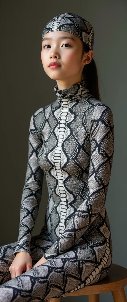 The beautiful,thin and clever asian muslimah adult girl with beautiful cheeks wears plains zebra print lycra turtleneck unitard catsuit covered with stripes and plains zebra print lycra elastane stretchy dancewear shawl hijab covered with stripes.She is working in the zookeeper's office.She is a zookeeper.