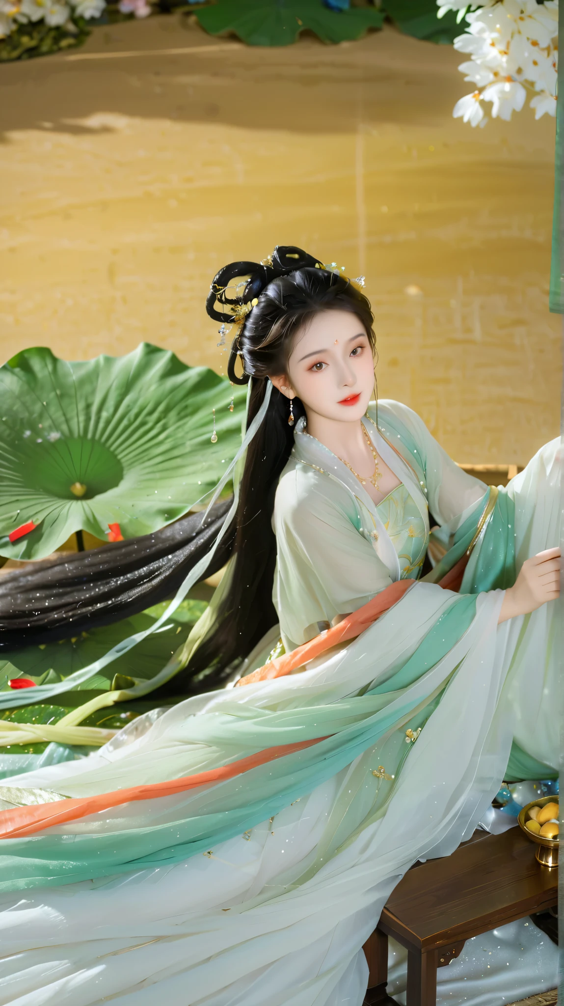 (( are of the best quality at best,  Ultra High Resolution ,  super clear)), ((( 1 girl))),( Chinese guy with long black hair ), Game Fairy, lotus leaf fairy, Hanfu, ,  Elegant Light Yarn , Jewelry, (focus), ((( Colorful ))), particle effects , masterpiece,  are of the best quality at best, Beautiful painting, meticulous,   very detailed  , (masterpiece,  are of the best quality at best）  CG Uniform 8K Wallpaper，masterpiece， are of the best quality， super detailed), Decisive cuts,  Ultra HD ，Clear face，very good-looking hands 