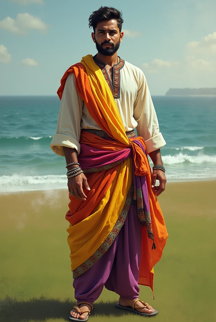 A tanned young man, dark brown hair, amber eyes, Arabian open dancewear and gold jewelry. Standing on a rocky shore and looking out at the sea.