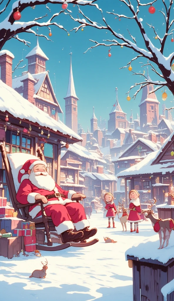 A cute illustration of Santa Claus village. Santa Claus is seen sleeping on his rocking chair while the elves are busy working. The elves are packing presents and playing with the reindeers. The illustration is pastel-colored, giving it a cute and playful expression. The overall color palette is bright and cheerful, with soft pinks, blues, and yellows, creating a fun, lighthearted atmosphere. The entire scene feels charming and magical, as if the village is part of a whimsical, fantasy world.