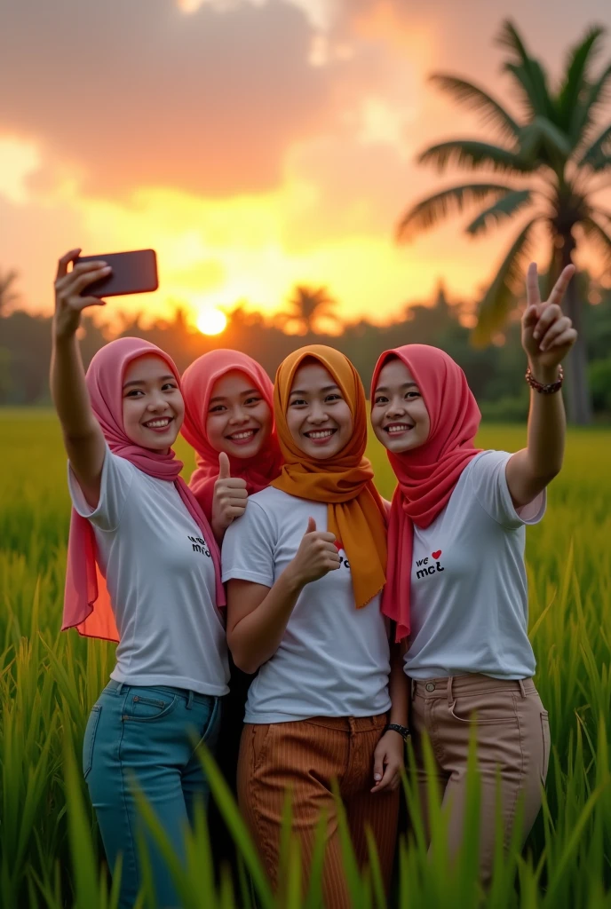 realistic photo of 3 Indonesian women aged 38 years all wearing red hijabs, 2 Indonesian men aged 38 years, (all wearing yellow uniform t-shirts with the words "BESTFRIEND"), all wearing blue denim trousers, wearing sneakers, taking a selfie together. everyone smiled happily. mountain and flower garden background. Skin details, HD, 8K