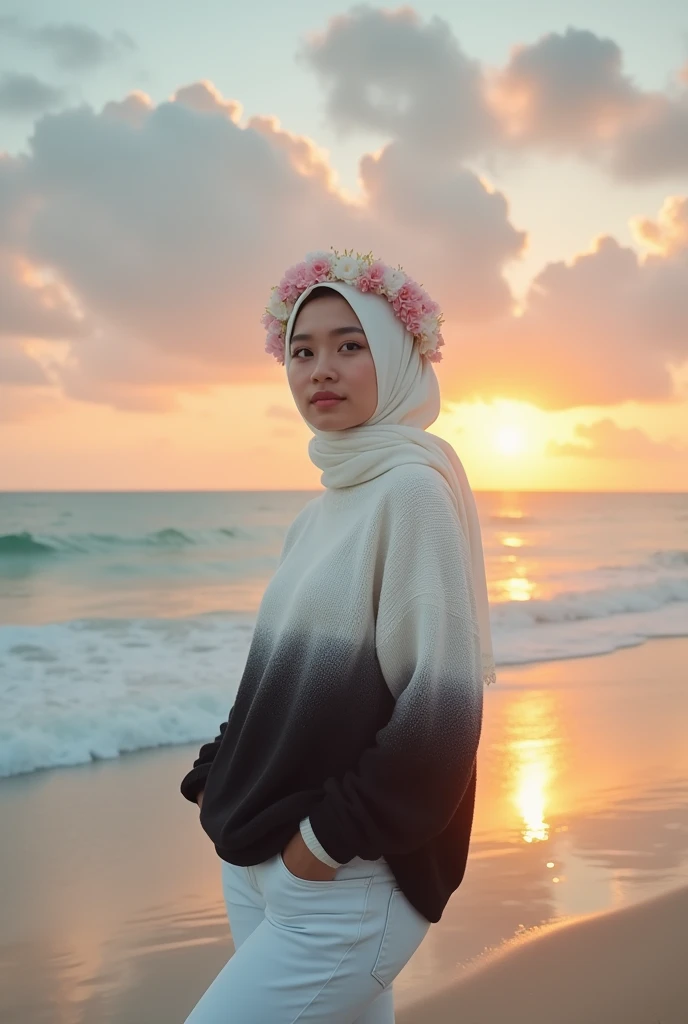 Create a cinematic film still of a Malay girl in hijab standing on a picturesque beach during sunset. Use a warm color palette and a medium telephoto lens to capture the serene beauty of the moment, style raw, pastel color grading, Super 8mm lense, Extreme close-up, Deep Focus cinematography effect,high quality,