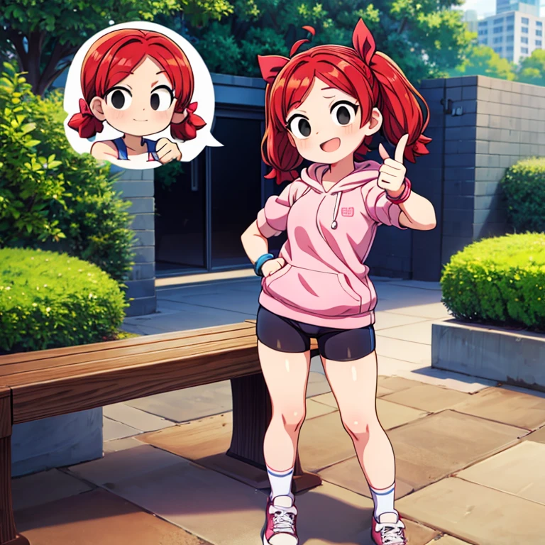 1girl, red hair, twintails, black eyes, hair bow, pink hoodie, short sleeves, wristband, white skirt, bike shorts, socks, sneakers, outdoors, park, bench, standing, pointing at viewer, wink, looking at viewer score_9, score_8_up, score_7_up, score_6_up, score_5_up, score_4_up, BREAK source_anime, masterpiece.  Indoor, intricate detail.

