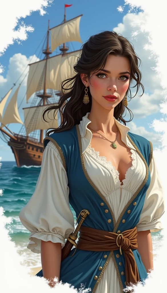 beautiful caucasian dressed in
 sailor, standing next to a war frigate, 4k, masterpiece, best quality, realistic, sharp focus, award winning, cinematic lighting, extremely detailed, epic, cleavage:1.2, sexy, 1girl, long hair, ponytail hair, cute smile, cute eyes, huge smile, happy,detailmaster2,Monster,steampunk style