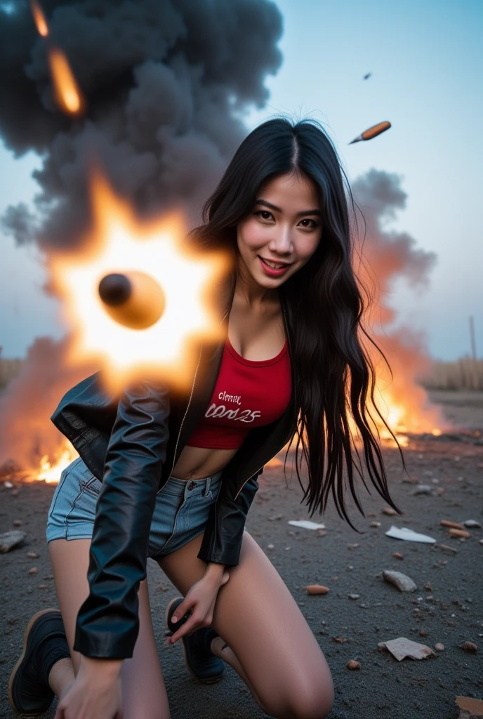  photo of beautiful taiwan woman with long random black hair,  wearing a red tank top inscribed  "CIMOY _BLOOD25"  with a black leather jacket , short jeans, holding an AKA rifle in front of the camera live,  in the background there was an explosion of battle . simple.  Shooting towards the camera .  many Bullets flew in the air in front of the camera directly.   exaggerated angry face , aksi scifi.  there were explosions and bullets ,  his face was shocked when a bullet hit him directly .  Ground flying in the air ,  and his expression was a mixture of shock and anger .  He was wearing a jacket outfit ,  in a realistic style ,  but the scene had an action and overkill effect .  The background was gripping the situation . "